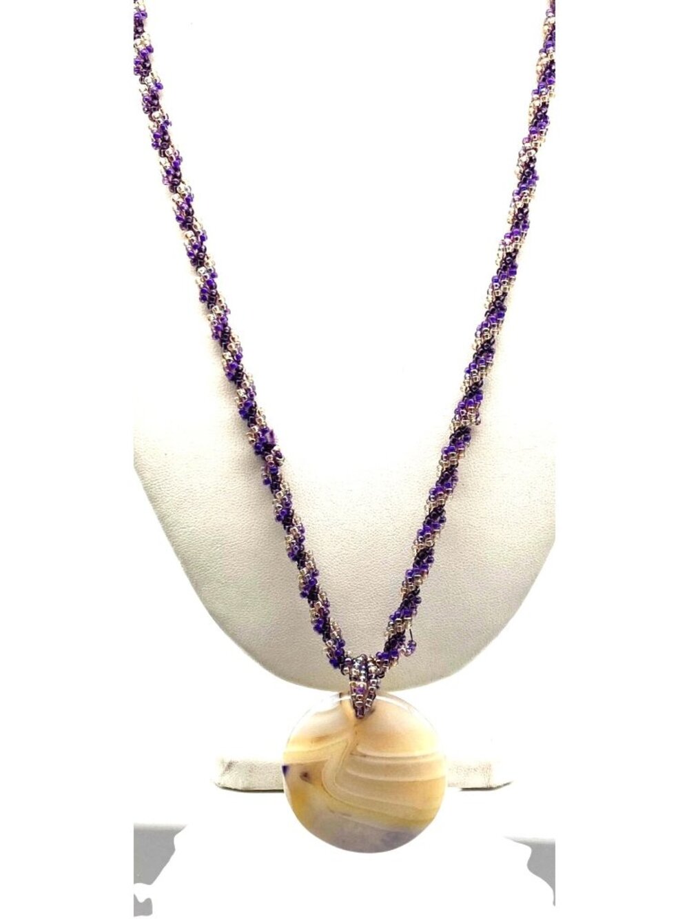 Lovely Purple Seed Bead Torsade Necklace with Banded Lace Agate Pendant, Natural